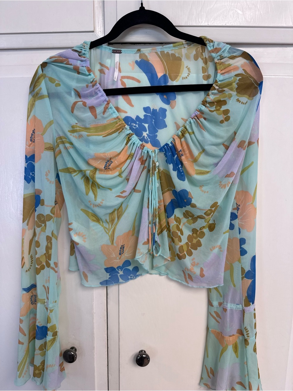 Free People Mint Floral Tie-Front Blouse with Peach & Blue Accents